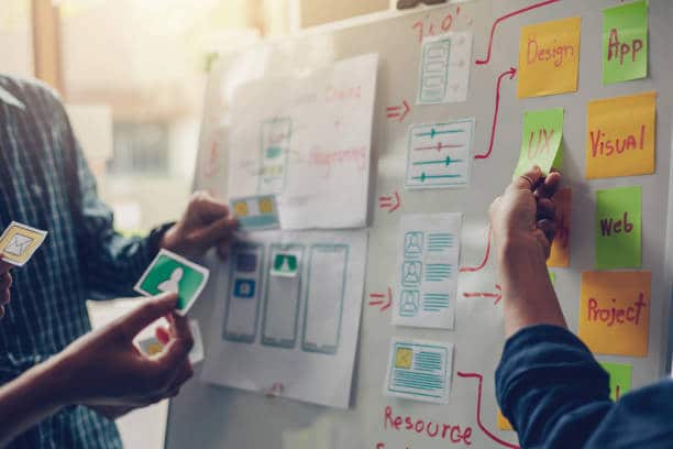 Multiple different people putting sticky notes on a white board with information about how to increase different elements of a website 