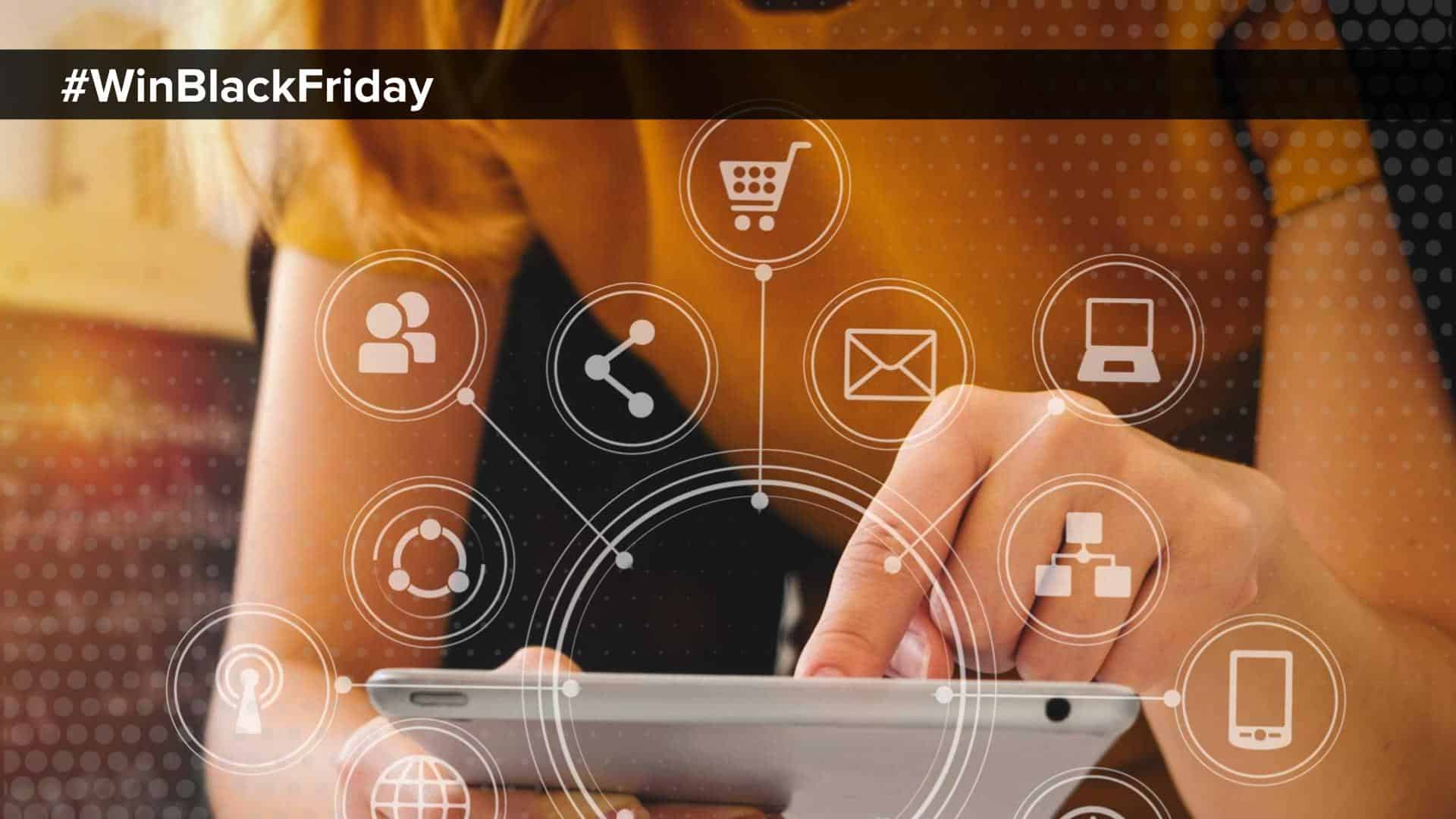 #winblackfriday person looking at ipad with several channels appearing