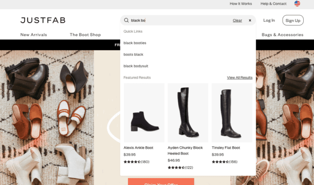 beginning of typing "black boots" - autocomplete kicks in and shows black boots options