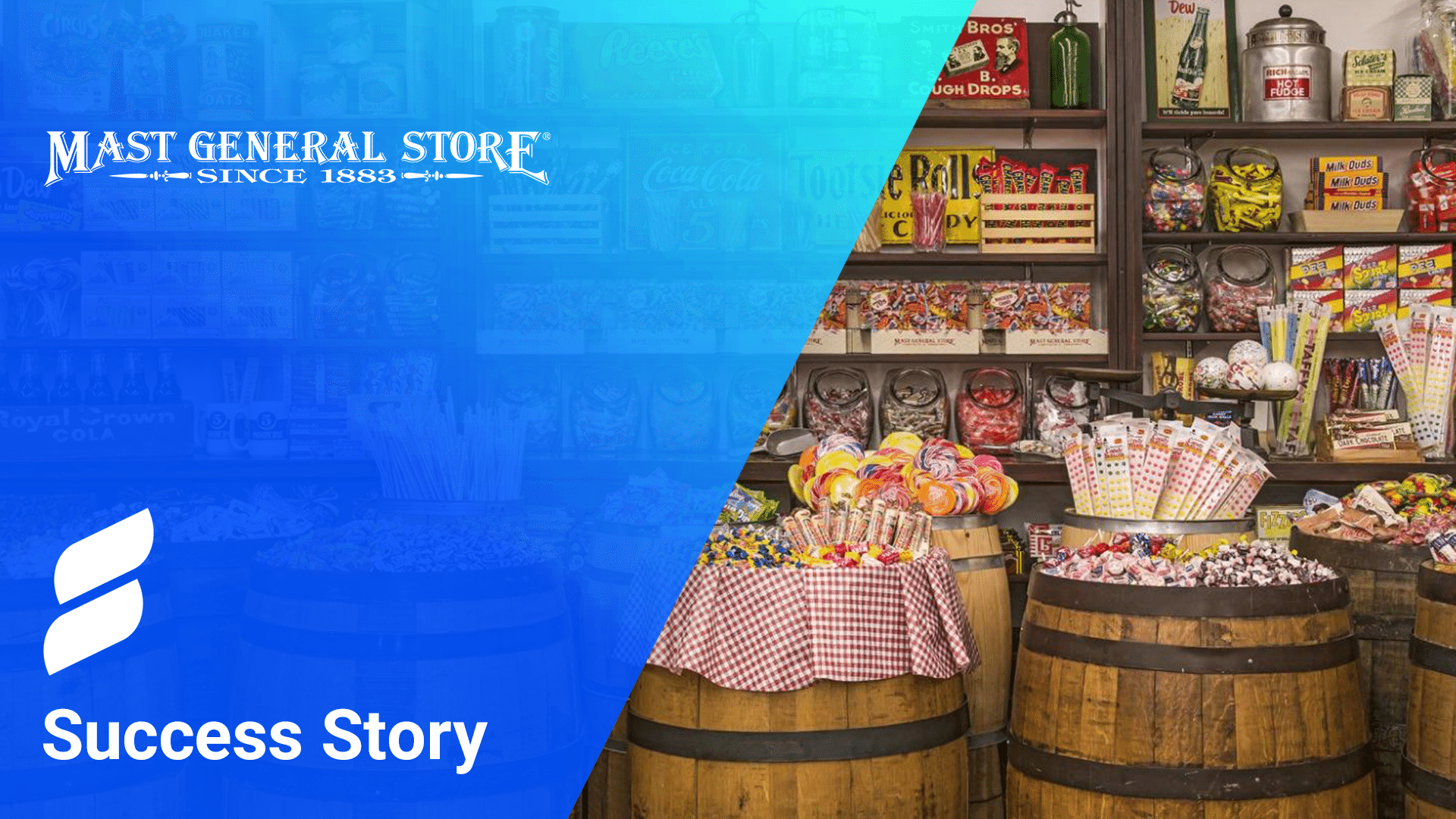 Mast General Store products on shelves including coca cola, pepsi, and candy.