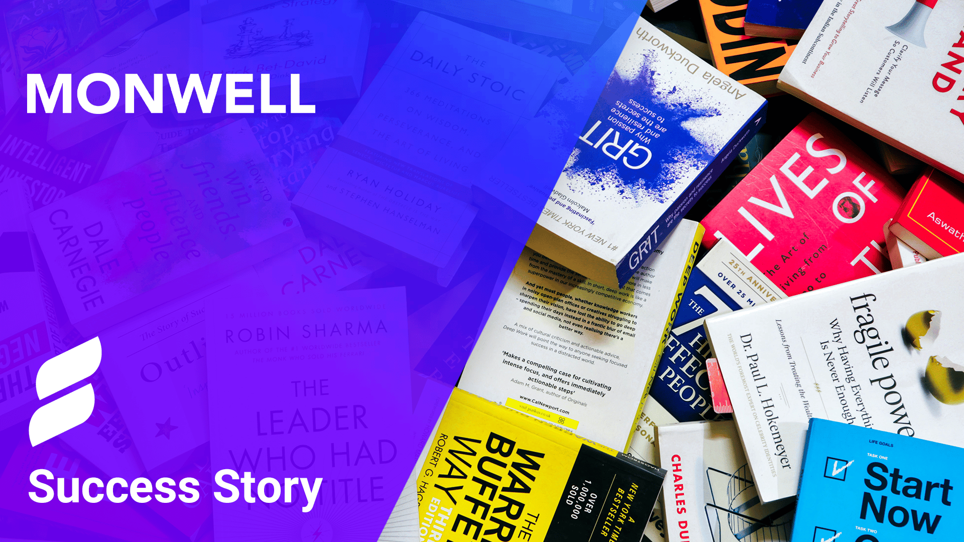 Monwell - text upper left corner; searchspring logo lower left corner; background: pile of books with diagonal purple overlay