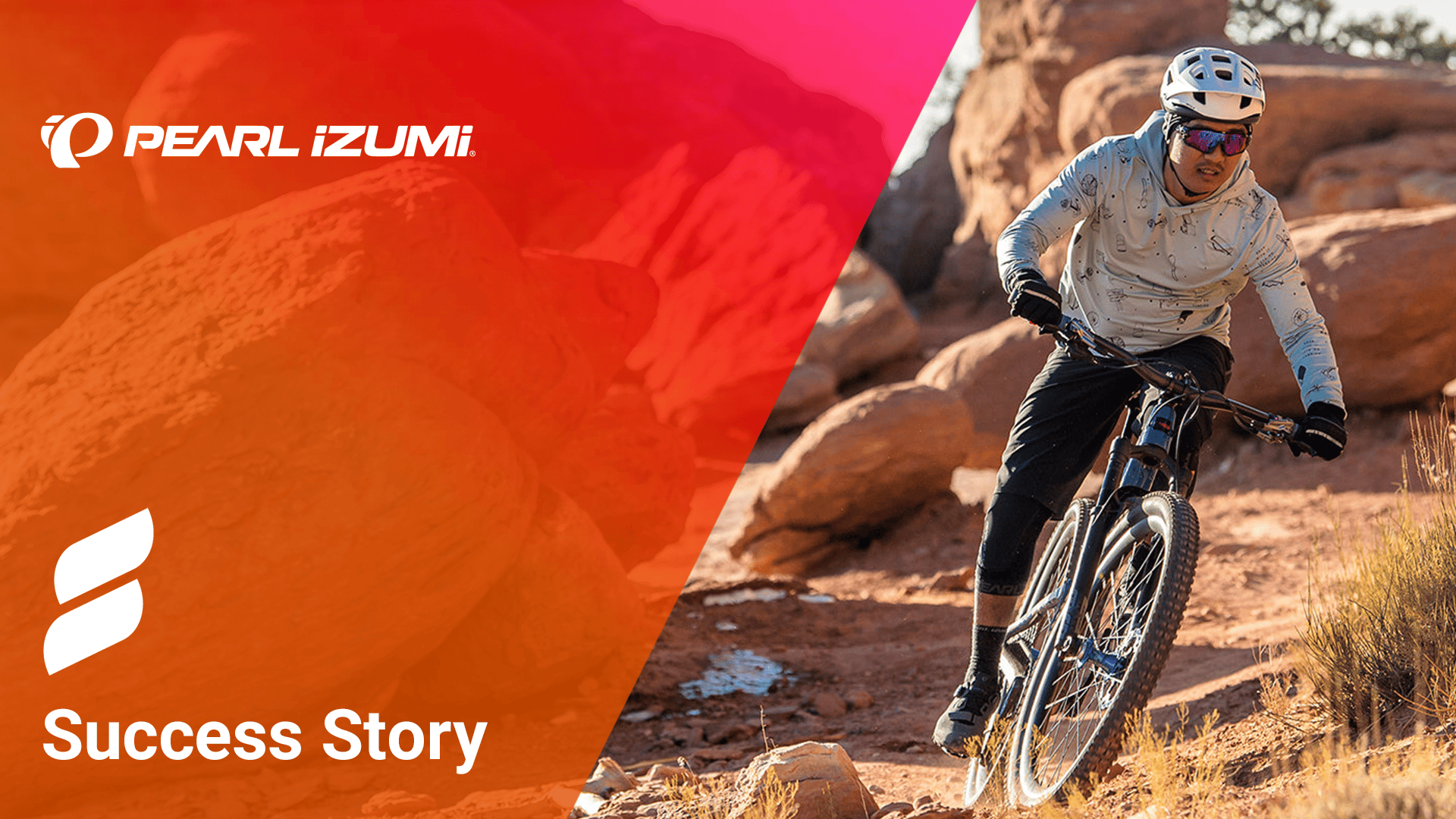 man on mountain bike; Pearl Izumi logo; Searchspring Logo; Success Story
