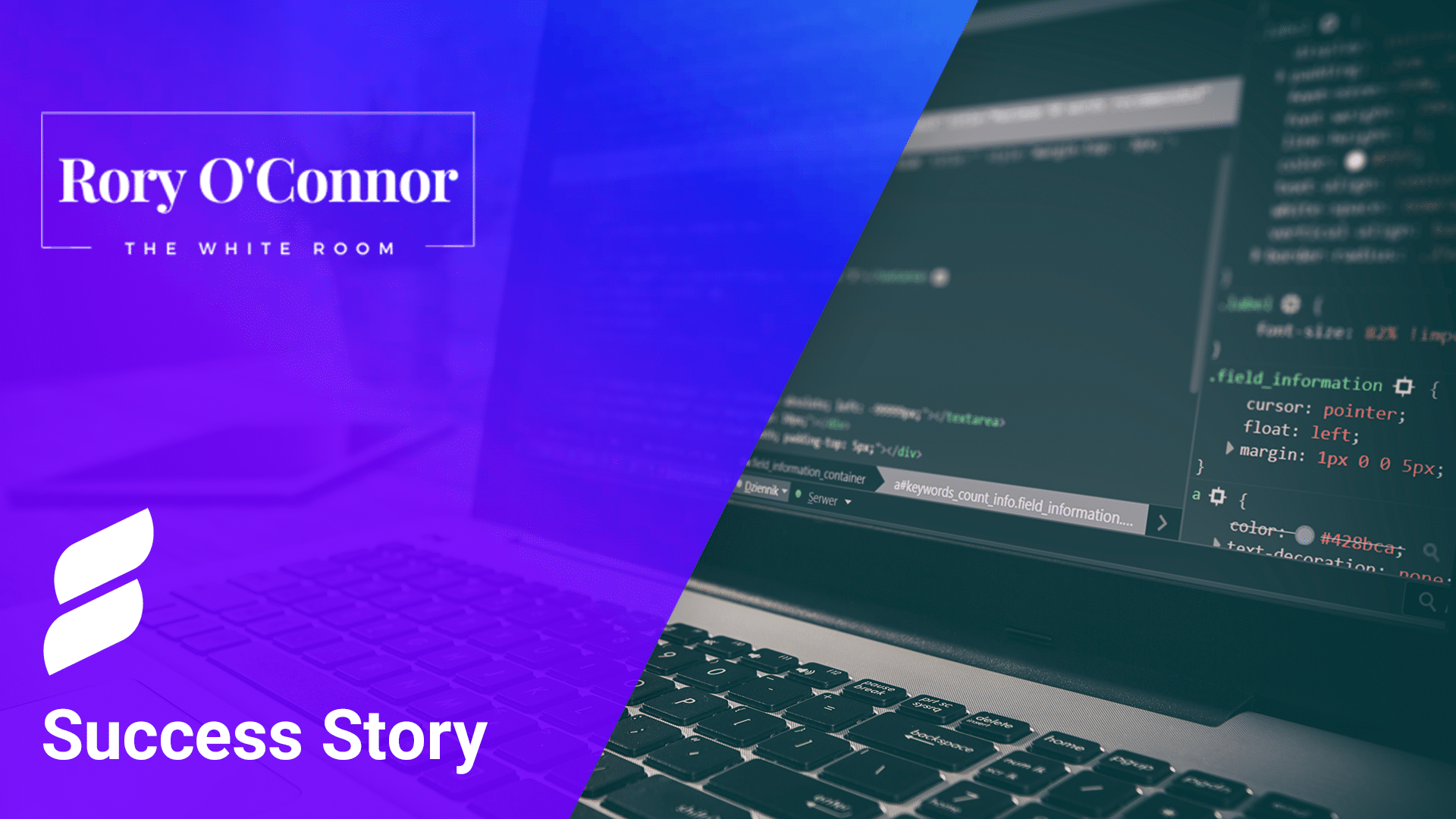 Text: Rory O'Connor, the White Room; The White Room Logo; Searchspring logo; code on a computer screen