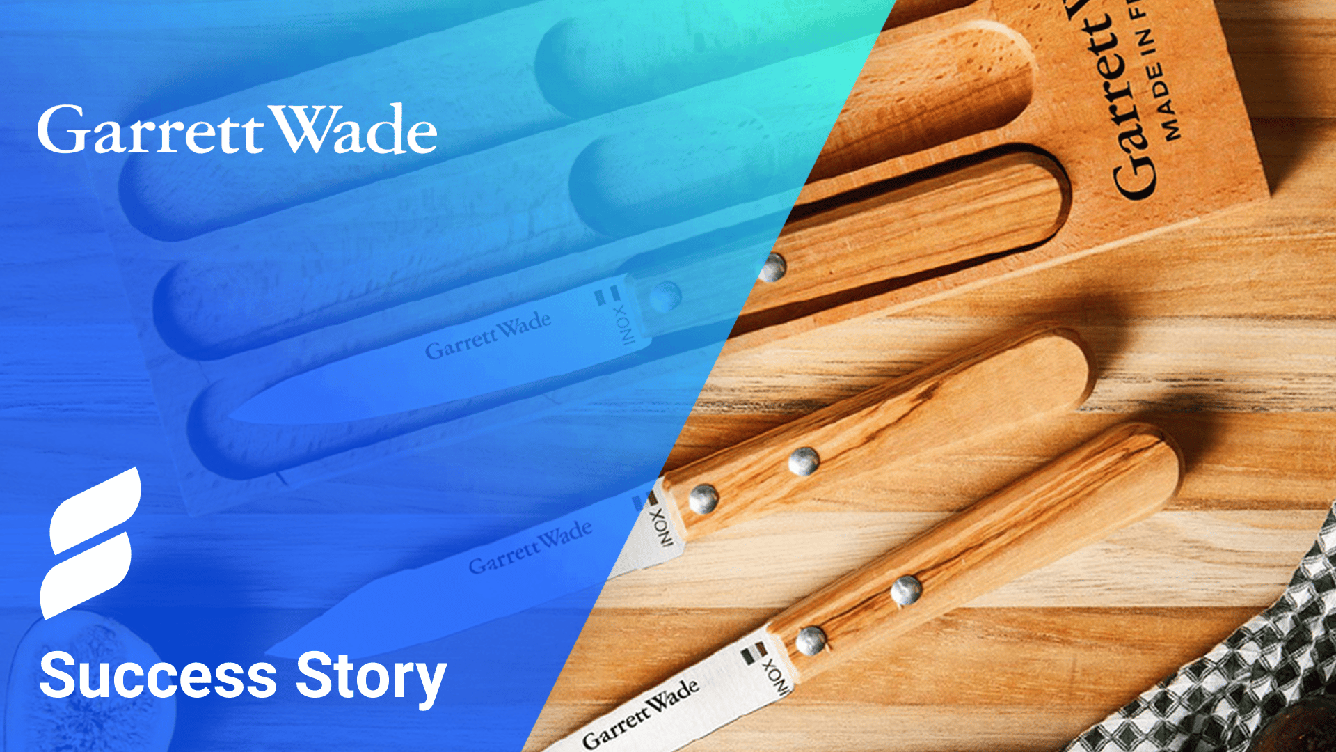 Garrett Wade knife set; blue overlay over left corner with Garrett Wade and searchspring logos in white; Text: Success Story