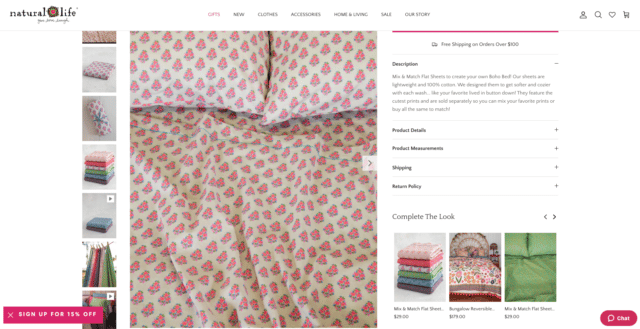 Natural Life sheets with "Complete the look" featuring items needed for a complete set