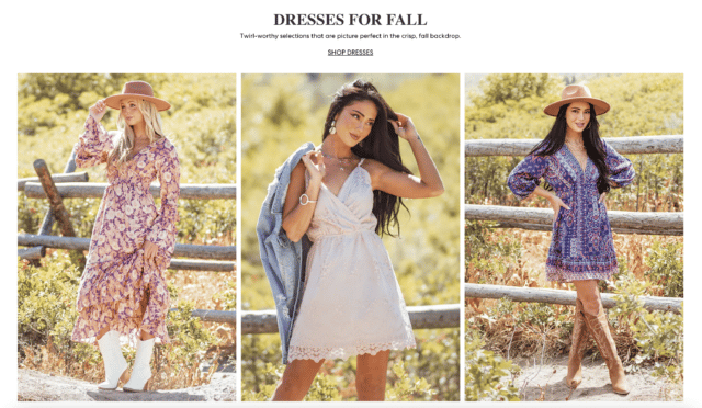 Lime Lush Fall Dress campaign - three mini dresses with a fall background