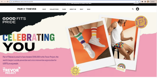Pair of Thieve Pride Collection page header - Trevor Project Info, rainbow socks and underwear "Celebrating You"