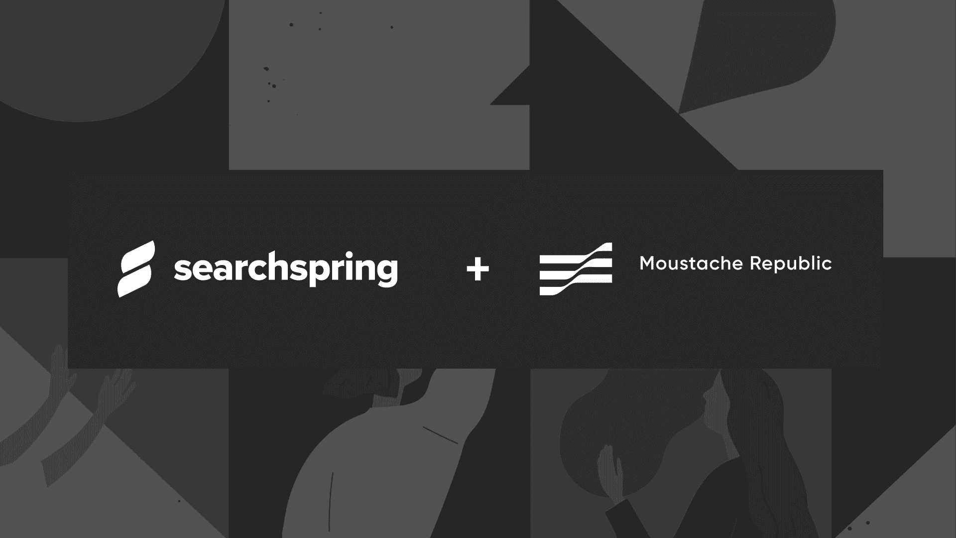 Searchspring logo; Plus sign; Moustache Republic logo; black background