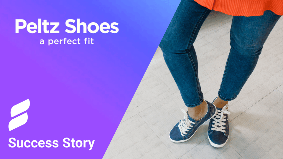 Peltz Shoes a perfect fit (text); woman trying on blue canvas shoes; searchspring logo; success story (text) on gradient purple background