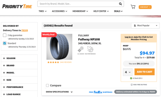 Priority Tire Shipping Banner to show merchandising tool _ weekly deal badge, delivery time 2-4 days from fedex, showing tired for SUV