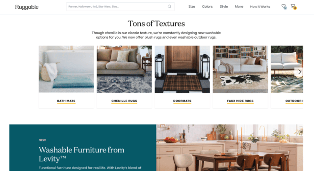 ruggable showing various textures; below that is a featured spot for their new furniture line
