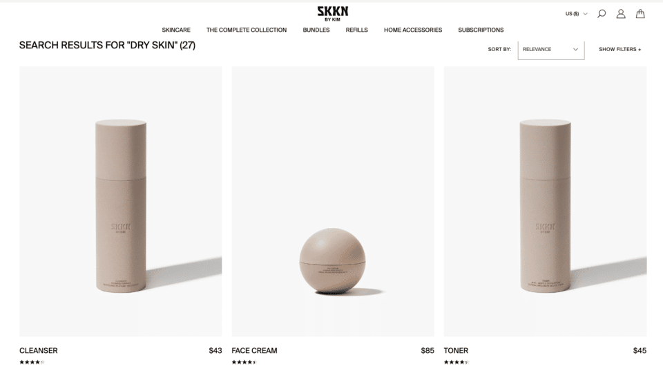 skkn by kim dry skin search results - populates toner, moisturizer, and cleaner