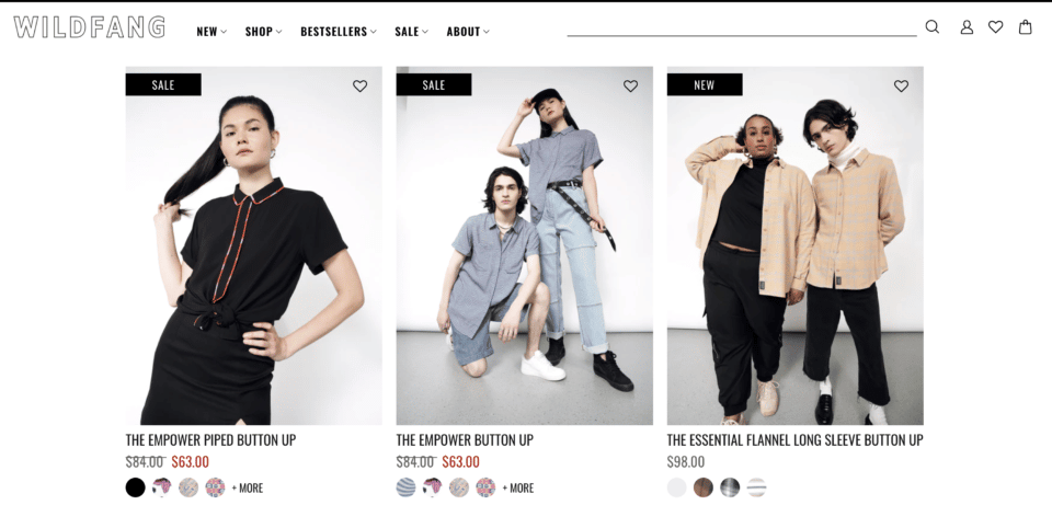 Wild Fang product page button up's featuring new and on-sale badges