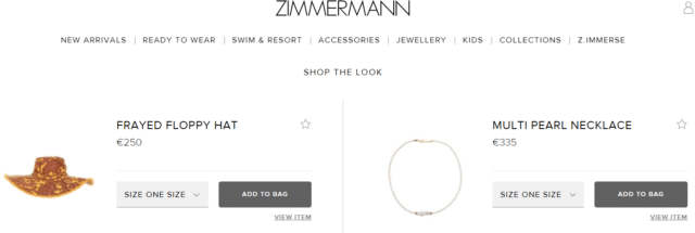 Zimmerman product recommendations to "complete the look" with a hat and jewelry